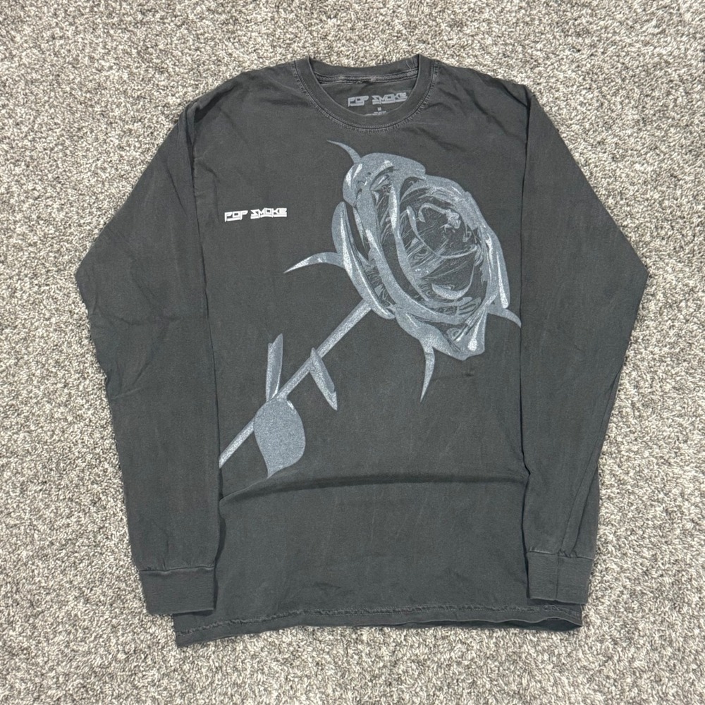 Pop Smoke Merch Long Sleeve Shirt Silver Rose Graphic Faded Black Mens M 2020